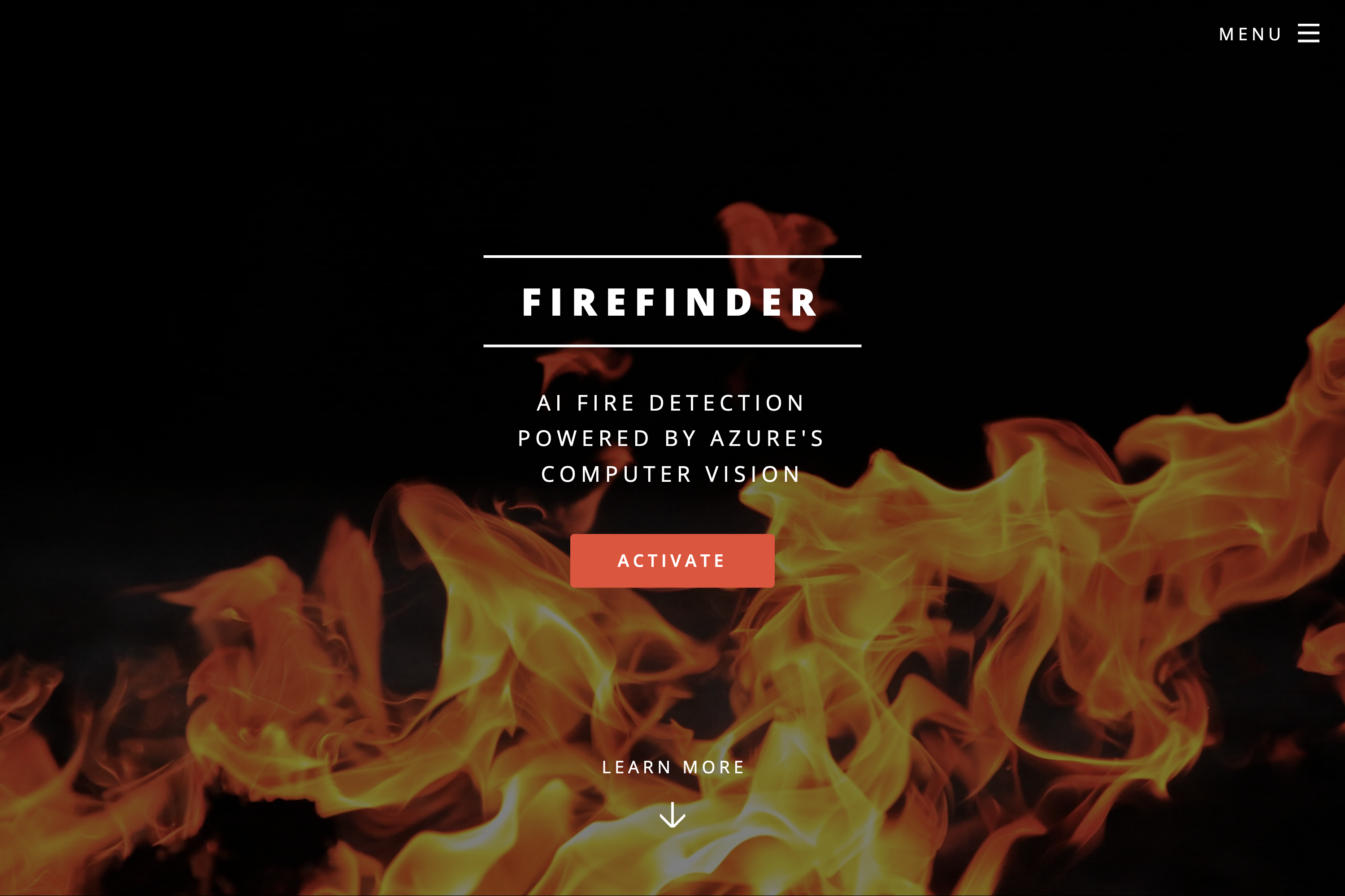 A screenshot of the FireFinder AI fire detection app with black background with flames