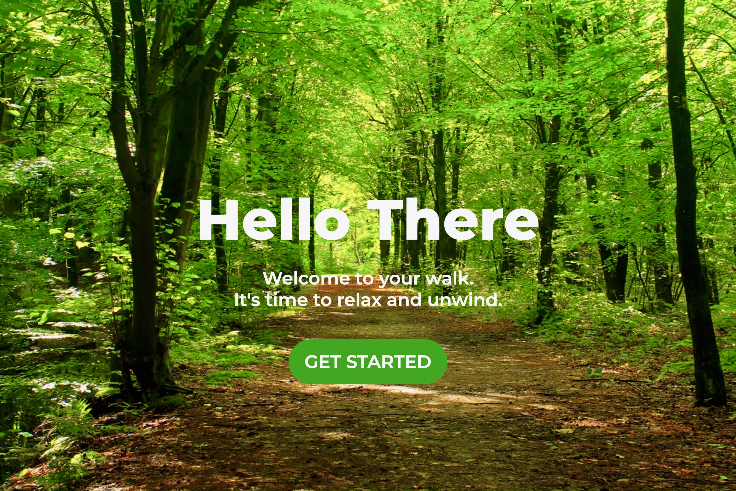 A gif of Hello There page from Parkside Paradise Walks App depicts a walk in the forest